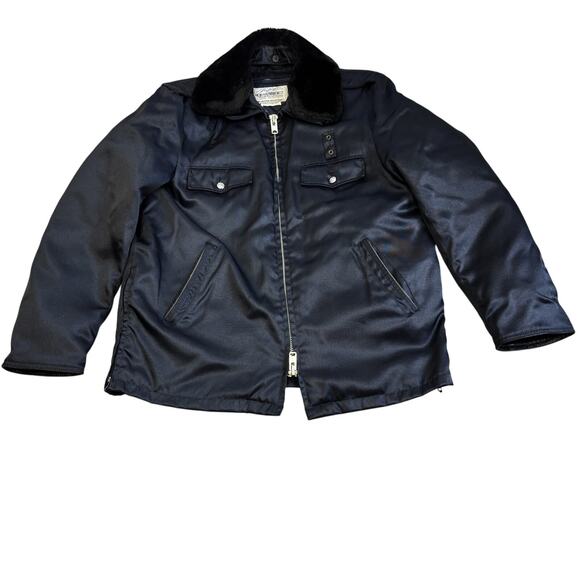 Vtg Blauer Tufnyl Police Bomber Jacket Mens L Blue Zip Liner Faux Fur Collar - Picture 1 of 14
